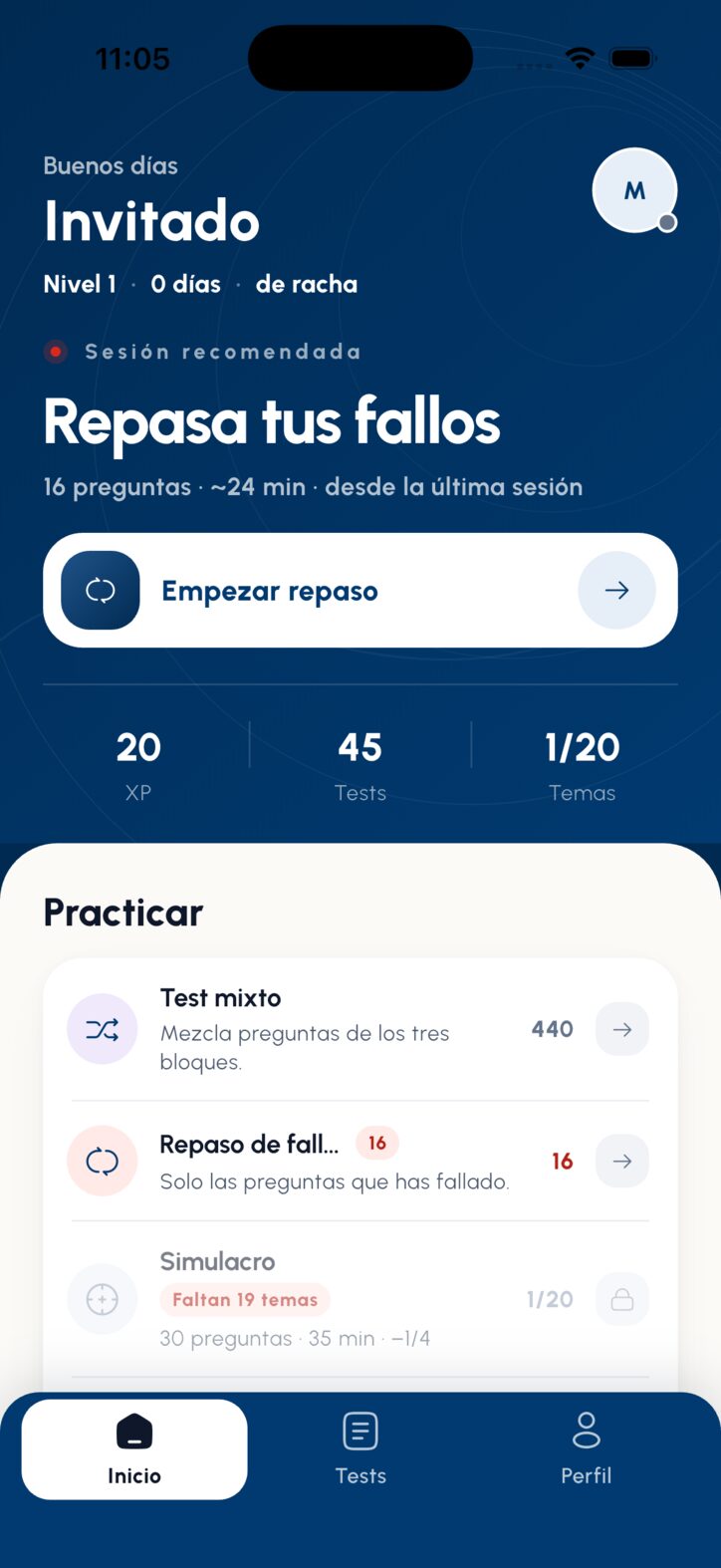 Inicio de la app: saludo, sesión recomendada “Repasa tus fallos” y los tres modos de práctica.