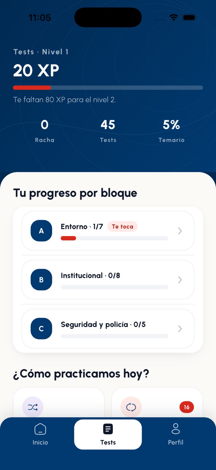 Pantalla de Tests: 20 XP y el progreso en cada uno de los tres bloques del temario.